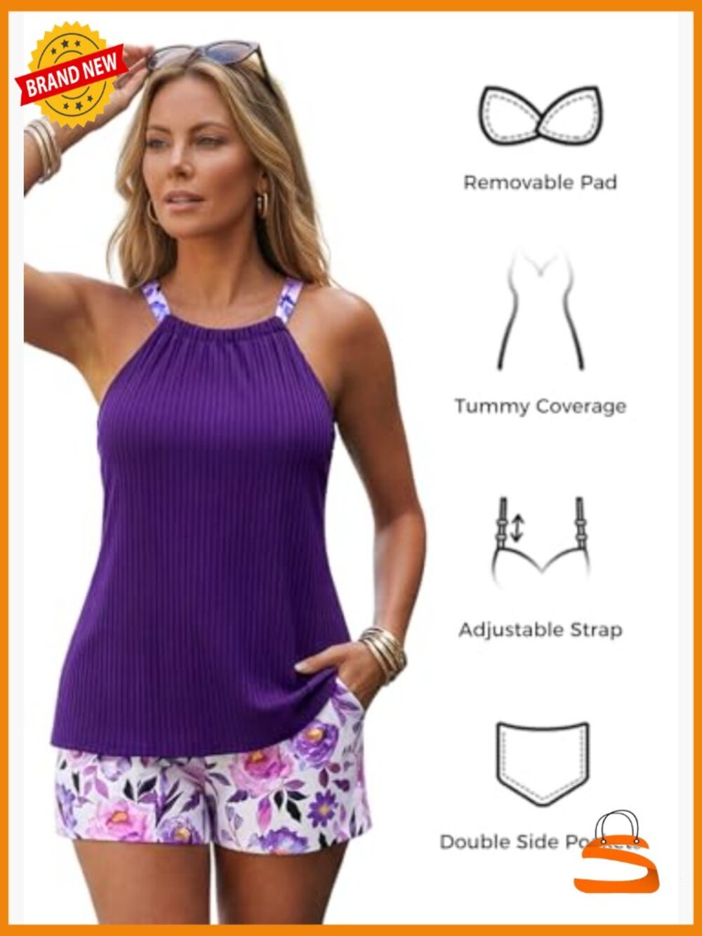 Ruched Tankini Set with Board Shorts, Two Piece Swimwear, Tank Top & Shorts - Picture 6 of 7